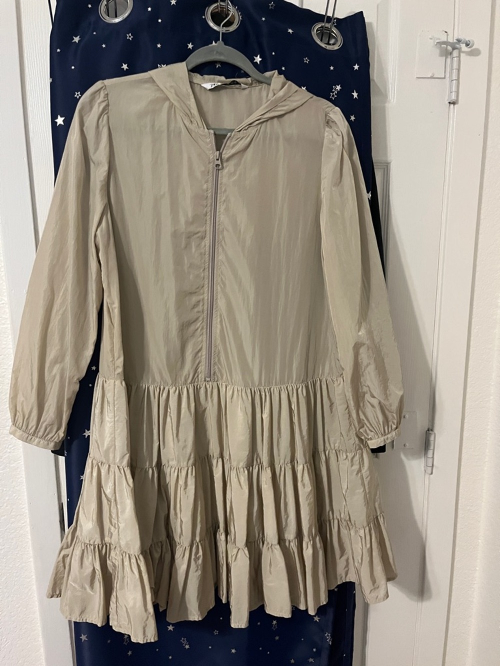Zara Beige Hooded Tiered Casual Dress